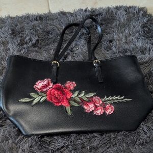 Genuine Leather Elegant Black Floral Tote